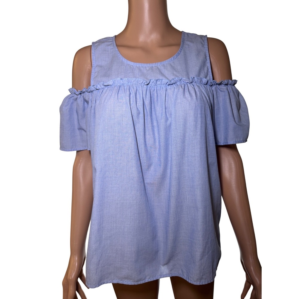 No Comment Blue Cold Shoulder Ruffle Trim Top Womens Medium RN32775